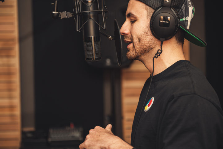 podcast host at mic